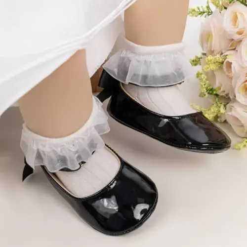 Oamico Infant Baby Girls Mary Jane Flats Non Slip Rubber Sole with Bownot Toddler First Walkers Princess Wedding Dress Shoes - 2