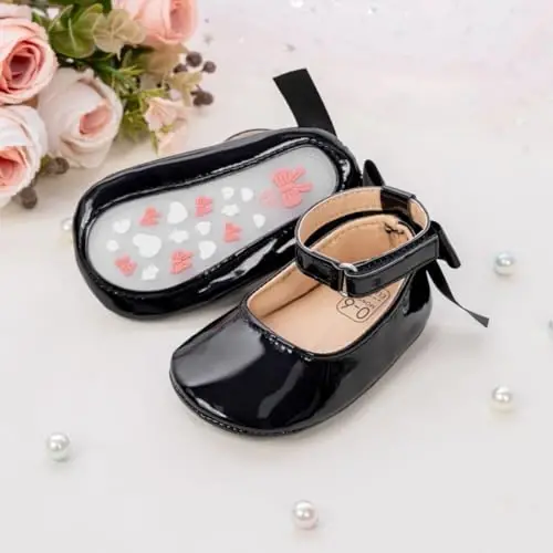 Oamico Infant Baby Girls Mary Jane Flats Non Slip Rubber Sole with Bownot Toddler First Walkers Princess Wedding Dress Shoes - 5