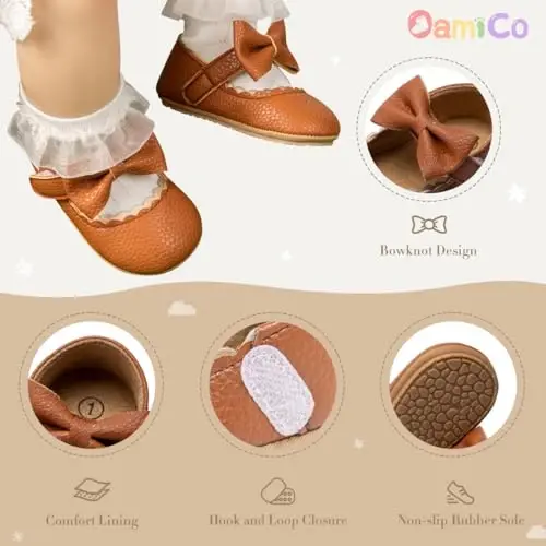 Oamico Infant Baby Girls Mary Jane Flats Non Slip Rubber Sole with Bownot Toddler First Walkers Princess Wedding Dress Shoes - 4