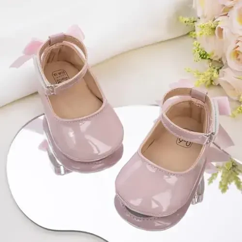 Oamico Infant Baby Girls Mary Jane Flats Non Slip Rubber Sole with Bownot Toddler First Walkers Princess Wedding Dress Shoes - 3