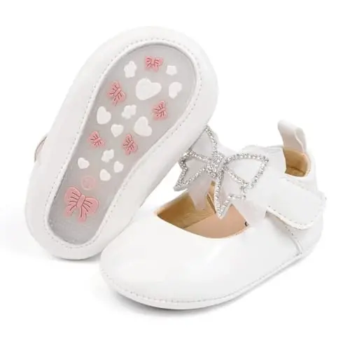 Oamico Infant Baby Girls Mary Jane Flats Non Slip Rubber Sole with Bownot Toddler First Walkers Princess Wedding Dress Shoes - 1