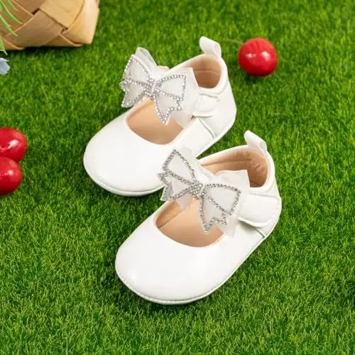 Oamico Infant Baby Girls Mary Jane Flats Non Slip Rubber Sole with Bownot Toddler First Walkers Princess Wedding Dress Shoes - 4