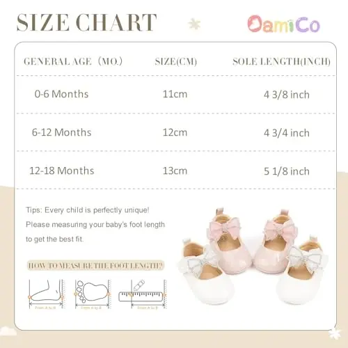 Oamico Infant Baby Girls Mary Jane Flats Non Slip Rubber Sole with Bownot Toddler First Walkers Princess Wedding Dress Shoes - 6