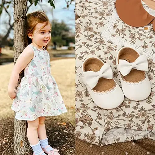 Oamico Infant Baby Girls Mary Jane Flats Non Slip Rubber Sole with Bownot Toddler First Walkers Princess Wedding Dress Shoes - 3