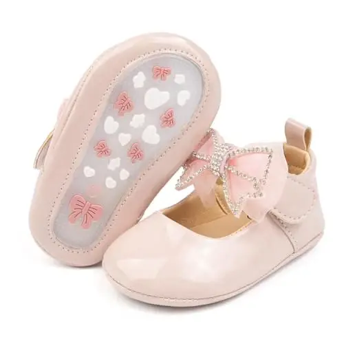 Oamico Infant Baby Girls Mary Jane Flats Non Slip Rubber Sole with Bownot Toddler First Walkers Princess Wedding Dress Shoes 