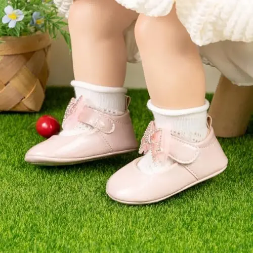 Oamico Infant Baby Girls Mary Jane Flats Non Slip Rubber Sole with Bownot Toddler First Walkers Princess Wedding Dress Shoes - 2