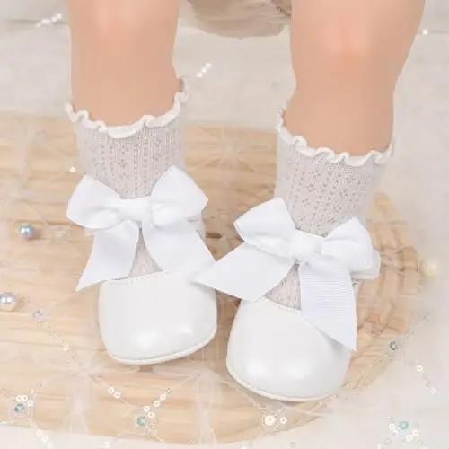 Oamico Infant Baby Girls Mary Jane Flats Non Slip Rubber Sole with Bownot Toddler First Walkers Princess Wedding Dress Shoes - 3