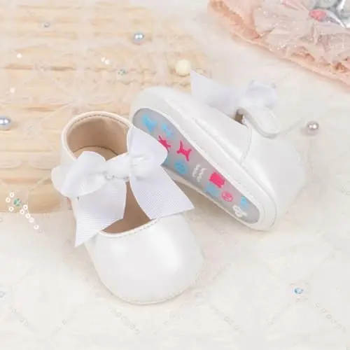 Oamico Infant Baby Girls Mary Jane Flats Non Slip Rubber Sole with Bownot Toddler First Walkers Princess Wedding Dress Shoes - 4