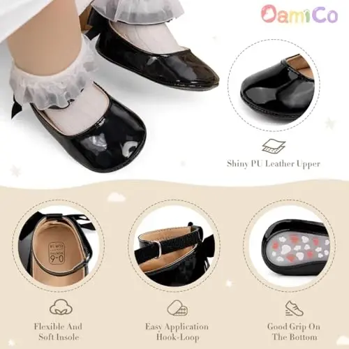 Oamico Infant Baby Girls Mary Jane Flats Sirpanmaydigan Rezina Taglik Bownot bilan Toddler First Walkers Princess To'y Liboslari Poyabzallari - 4
