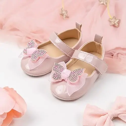 Oamico Infant Baby Girls Mary Jane Flats Sirpanmaydigan Rezina Taglik Bownot Bilan Yüradigan Kichkintoylar Birinchi Yuruvchilar Malika To'y Liboslari Poyafzali - 4