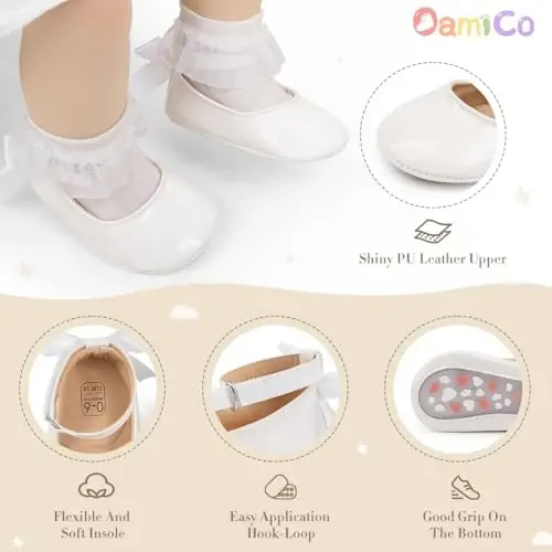Oamico Infant Baby Girls Mary Jane Flats Sirpanmaydigan rezina taglikli, kamonchali go'daklar uchun birinchi qadamlar, malika to'y liboslari uchun poyabzal - 4