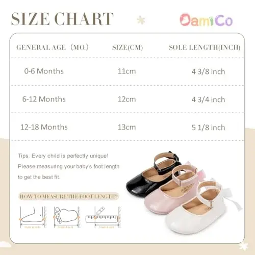 Oamico Infant Baby Girls Mary Jane Flats Sirpanmaydigan rezina taglikli, kamonchali go'daklar uchun birinchi qadamlar, malika to'y liboslari uchun poyabzal - 6