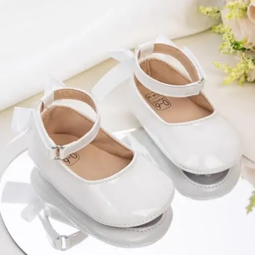 Oamico Infant Baby Girls Mary Jane Flats Sirpanmaydigan rezina taglikli, kamonchali go'daklar uchun birinchi qadamlar, malika to'y liboslari uchun poyabzal - 3