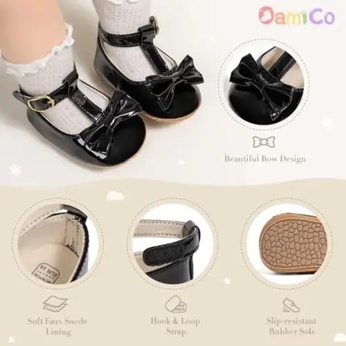 Oamico Infant Baby Girls Mary Jane Flats Sirpanmaydigan rezina taglikli, kamonchali, ilk qadam qo'yuvchi chaqaloq qizlar uchun Mary Jane baletkalari, malika to'y libosi poyafzallari - 5