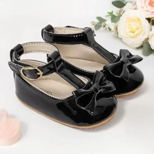 Oamico Infant Baby Girls Mary Jane Flats Sirpanmaydigan rezina taglikli, kamonchali, ilk qadam qo'yuvchi chaqaloq qizlar uchun Mary Jane baletkalari, malika to'y libosi poyafzallari - 3