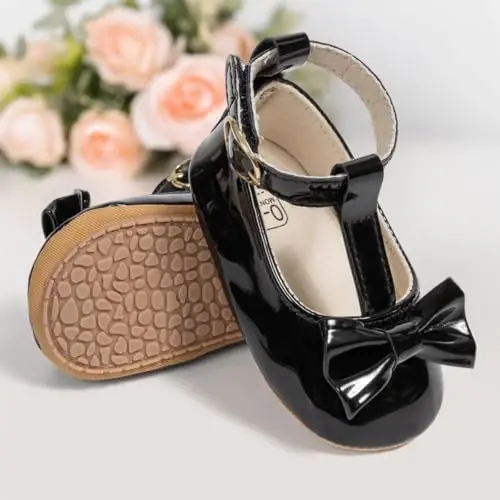 Oamico Infant Baby Girls Mary Jane Flats Sirpanmaydigan rezina taglikli, kamonchali, ilk qadam qo'yuvchi chaqaloq qizlar uchun Mary Jane baletkalari, malika to'y libosi poyafzallari - 4