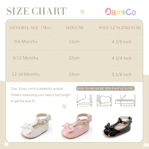 Oamico Infant Baby Girls Mary Jane Flats Sirpanmaydigan rezina taglikli, kamonchali, ilk qadam qo'yuvchi chaqaloq qizlar uchun Mary Jane baletkalari, malika to'y libosi poyafzallari - 6