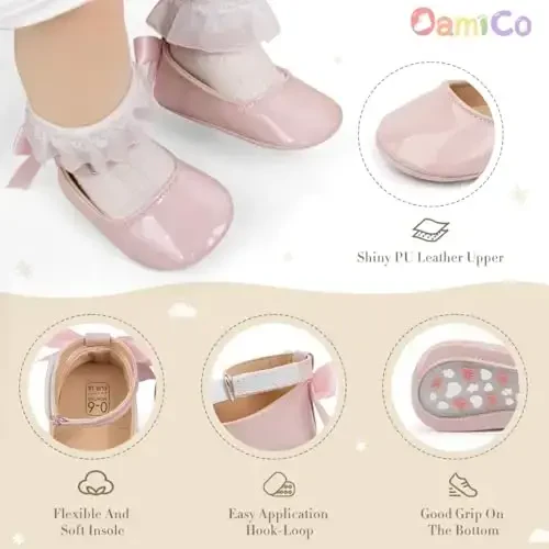 Oamico Infant Baby Girls Mary Jane Flats Sirpanmaydigan rezina taglikli, kamonchali, ilk qadam qo'yuvchi go'daklar uchun malika to'y libosiga mos tuflilar - 4