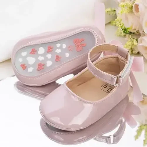 Oamico Infant Baby Girls Mary Jane Flats Sirpanmaydigan rezina taglikli, kamonchali, ilk qadam qo'yuvchi go'daklar uchun malika to'y libosiga mos tuflilar - 5