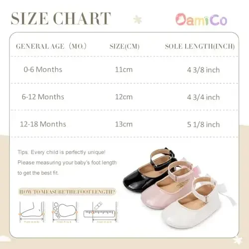 Oamico Infant Baby Girls Mary Jane Flats Sirpanmaydigan rezina taglikli, kamonchali, ilk qadam qo'yuvchi go'daklar uchun malika to'y libosiga mos tuflilar - 6