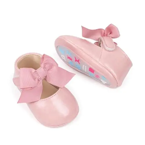 Oamico Infant Baby Girls Mary Jane Flats Non Slip Rubber Sole with Bownot Toddler First Walkers Princess Wedding Dress Shoes - 1