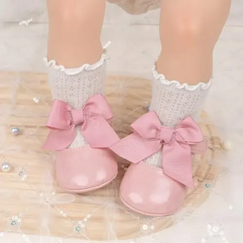 Oamico Infant Baby Girls Mary Jane Flats Non Slip Rubber Sole with Bownot Toddler First Walkers Princess Wedding Dress Shoes - 3