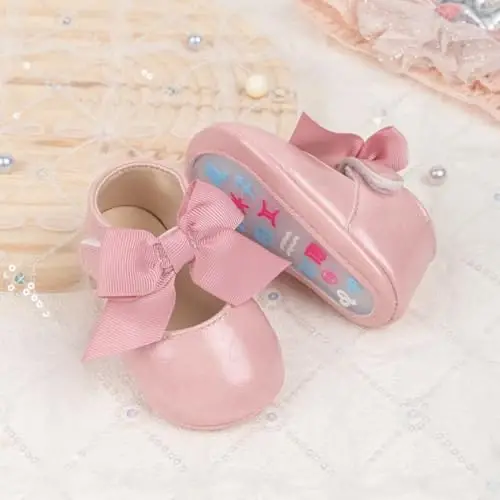 Oamico Infant Baby Girls Mary Jane Flats Non Slip Rubber Sole with Bownot Toddler First Walkers Princess Wedding Dress Shoes - 4
