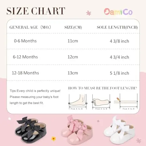 Oamico Infant Baby Girls Mary Jane Flats Non Slip Rubber Sole with Bownot Toddler First Walkers Princess Wedding Dress Shoes - 6