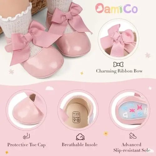 Oamico Infant Baby Girls Mary Jane Flats Non Slip Rubber Sole with Bownot Toddler First Walkers Princess Wedding Dress Shoes - 5