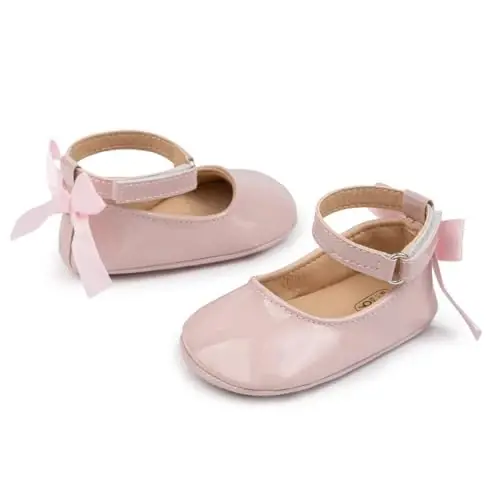 Oamico Infant Baby Girls Mary Jane Flats Non Slip Rubber Sole with Bownot Toddler First Walkers Princess Wedding Dress Shoes - 1