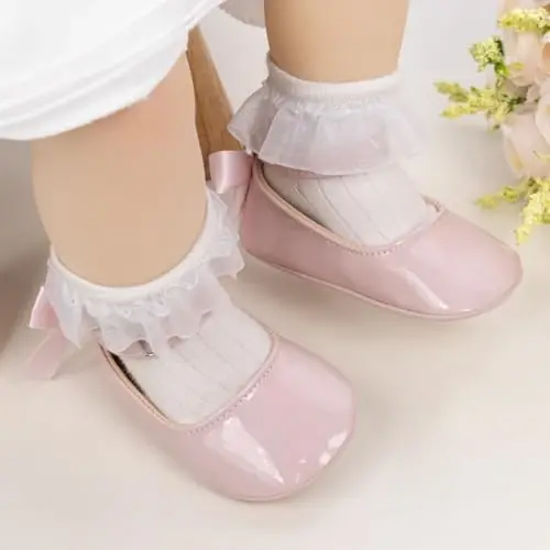 Oamico Infant Baby Girls Mary Jane Flats Non Slip Rubber Sole with Bownot Toddler First Walkers Princess Wedding Dress Shoes - 2