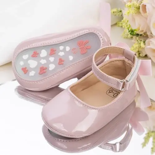 Oamico Infant Baby Girls Mary Jane Flats Non Slip Rubber Sole with Bownot Toddler First Walkers Princess Wedding Dress Shoes - 5
