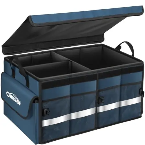 Oasser Car Trunk Organizer Collapsible Multi Compartments Trunk Organizer for SUV with Foldable Cover Reflective Strip 