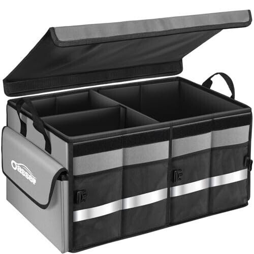 Oasser Car Trunk Organizer Collapsible Multi Compartments SUV Trunk Organizer with Reflective Strip Foldable Cover (Standard, Grey) 