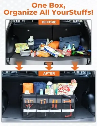 Oasser Car Trunk Organizer Collapsible Multi Compartments SUV Trunk Organizer with Reflective Strip Foldable Cover - 6