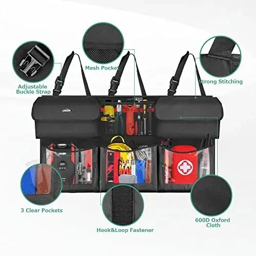 Oasser Back Seat Trunk Organizer Hanging Car Organizer Trunk Foldable Cargo Storage with 6 Large Pockets 3 Adjustable Straps 40x19inch - 3