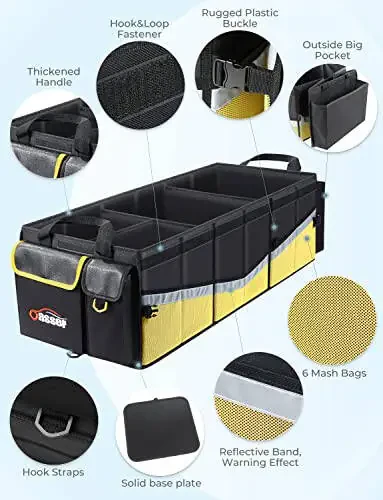 Oasser Trunk Organizer with Cooler Bag, Large Collapsible Car Trunk Organizer for SUV with Multi Compartments, Car Storage Organizer Grocery with Lid for Sedan (Extra Large, Black&Yellow) - 3