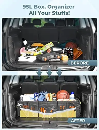 Oasser Trunk Organizer with Cooler Bag 95L, Bearing 110lb No Deformation, Collapsible with Multi Compartments, 20L Removable Insulated Bag, Foldable Lid, Non Slip Bottom, 2 Straps (Black&Yellow) - 2