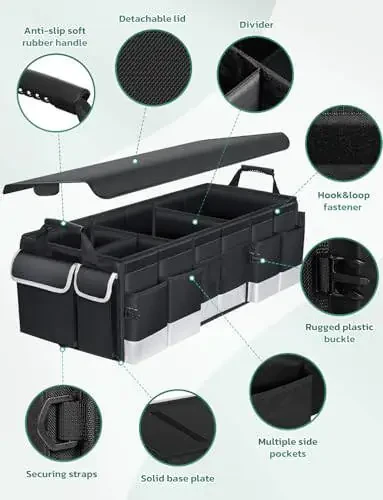 Oasser Trunk Organizer with Cooler Bag, Large Collapsible Car Trunk Organizer for SUV with Multi Compartments, Car Storage Grocery with Lid (Extra Large, Black&Grey) - 3