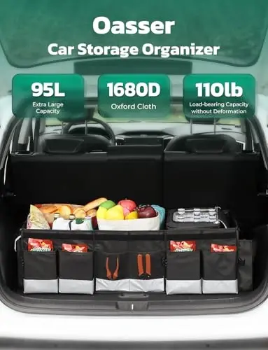 Oasser Trunk Organizer with Cooler Bag 95L, Bearing 110lb No Deformation, Collapsible with Multi Compartments, Removable Insulated Bag, Foldable Lid, Non Slip Bottom, 2 Adjustable Straps (Black&Grey) - 3