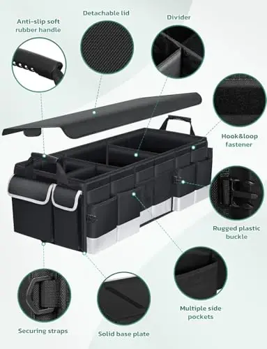 Oasser Trunk Organizer with Cooler Bag 95L, Bearing 110lb No Deformation, Collapsible with Multi Compartments, Removable Insulated Bag, Foldable Lid, Non Slip Bottom, 2 Adjustable Straps (Black&Grey) - 4