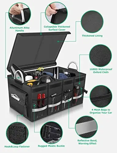 Oasser Trunk Organizer Cargo Organizer Trunk Storage Waterproof Collapsible Durable Multi Compartments with Foldable Cover Aluminium Alloy Handle Reflective Strip (Large, Black) - 3