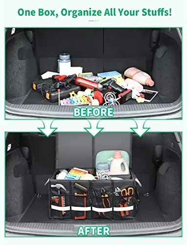 Oasser Trunk Organizer Cargo Organizer Trunk Storage Waterproof Collapsible Durable Multi Compartments with Foldable Hard Cover Aluminium Alloy Handle Reflective Strip (Large, Black) 