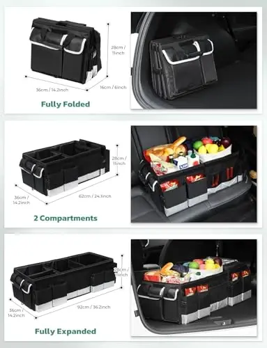 Oasser Bagaj Tartibga Solish va Sovitgich Xalta, SUV Uchun Katta Yig'iladigan Avtomobil Bagaj Tartibga Solish, Ko'p Bo'limli, Avtomobil Saqlash Tartibga Solish Mahsulotlar Uchun Qopqoqli Sedan Qora&Kulrang - 1