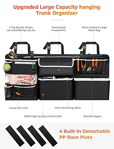 Oasser Car Storage Organizer yangi versiyasi, SUV Truck MPV VAN uchun 10 xil funktsional saqlash sumkalari bilan osilgan yukxona organizatori - 3
