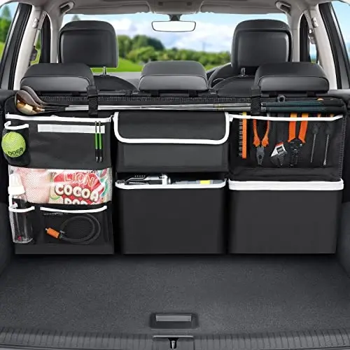 Oasser Car Storage Organizer yangi versiyasi, SUV Truck MPV VAN uchun 10 xil funktsional saqlash sumkalari bilan osilgan yukxona organizatori - 1