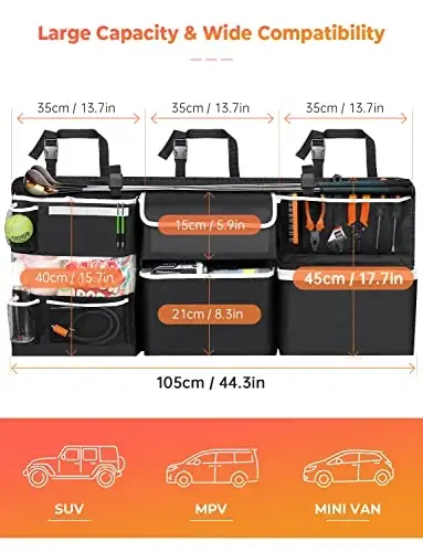 Oasser Car Storage Organizer yangi versiyasi, SUV Truck MPV VAN uchun 10 xil funktsional saqlash sumkalari bilan osilgan yukxona organizatori - 4