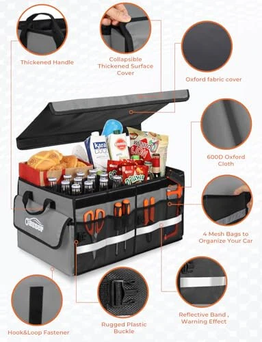 Oasser Car Trunk Organizer Collapsible Multi Compartments SUV Trunk Organizer with Reflective Strip Foldable Cover (Standard, Grey) - 3