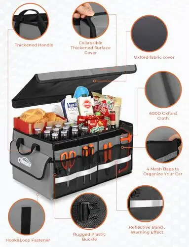 Oasser Car Trunk Organizer Collapsible Multi Compartments SUV Trunk Organizer with Reflective Strip Foldable Cover (Standard, Grey) - 3