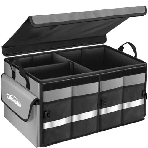 Oasser Car Trunk Organizer Collapsible Multi Compartments SUV Trunk Organizer with Reflective Strip Foldable Cover (Standard, Grey) 